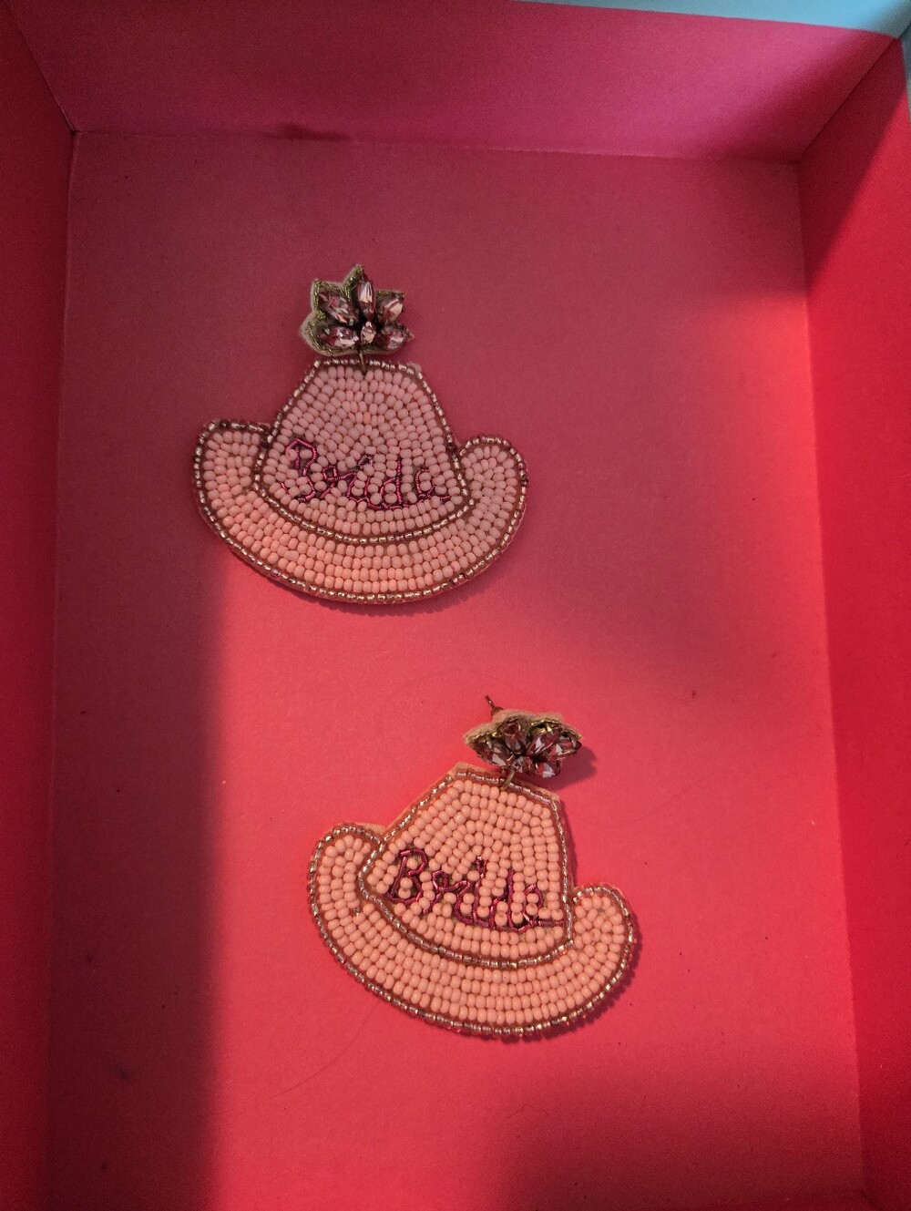 Beaded Pink 'Bride' Cowboy Hat Earrings - Women Accessories